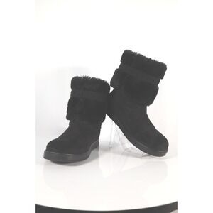 GUESS Black Faux Suede Fur Trim Rhinestone Logo Mid-Calf Boots Size 10W